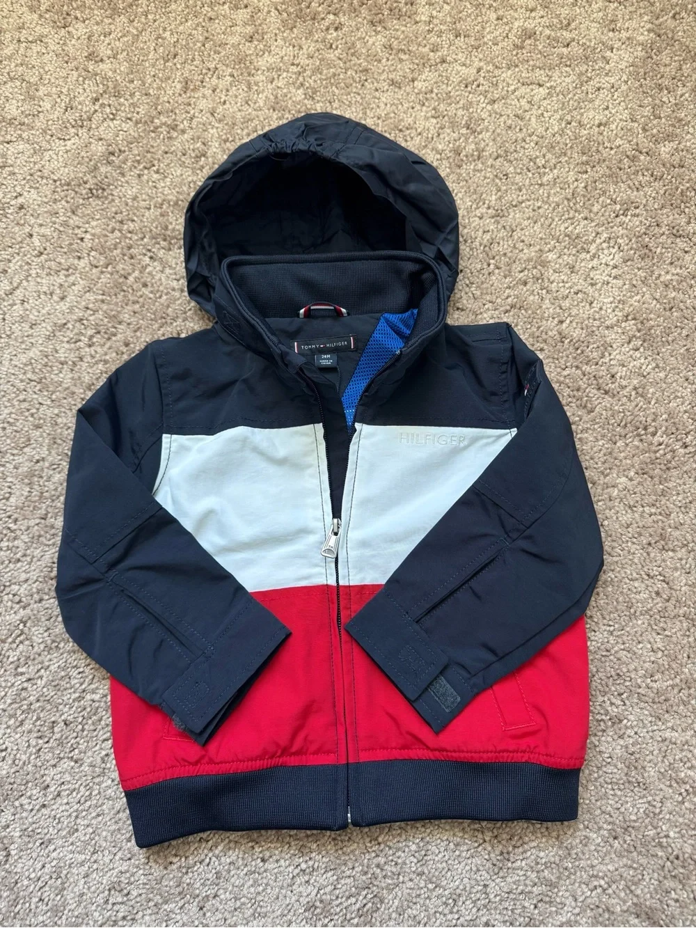 Tommy Hilfiger Colorblock Hooded Full Zip Windbreaker Jacket Navy Red White 24M